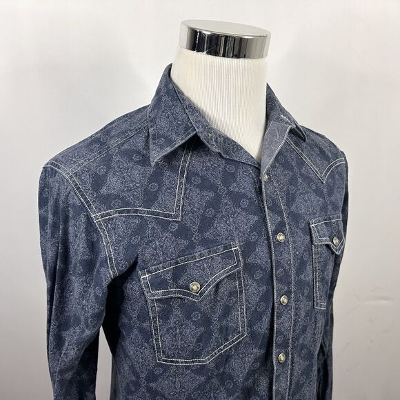 Wrangler Retro Small Western Pearl Snap Shirt Blue Denim Paisley 100% Cotton - Picture 1 of 5